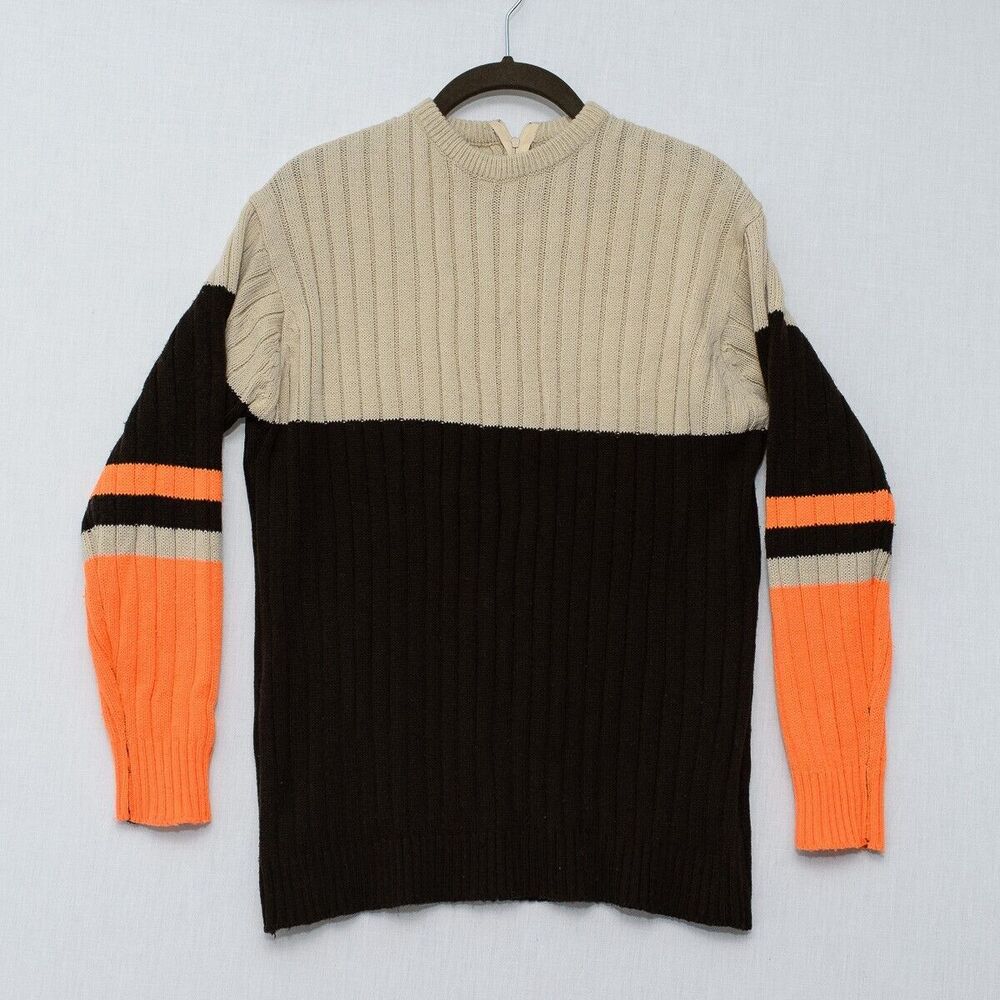 Full Fashion Sweater Small‎ acrylic brown orange striped ribbed 70s academia VTG